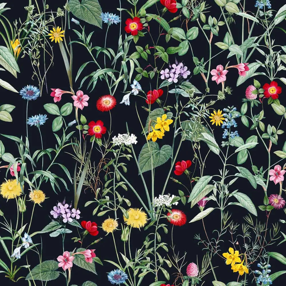 Pattern of colorful flowers and leaves on a black background