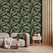 Modern living room with a green wallpaper and beige sofa.