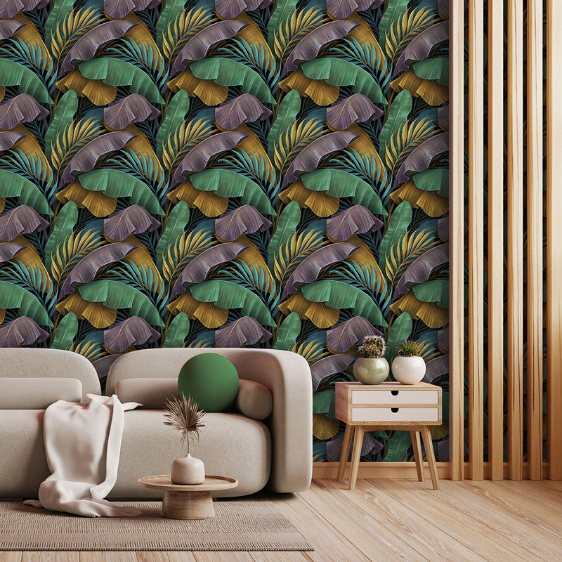 Living room with a colorful leaf wallpaper and modern decor.