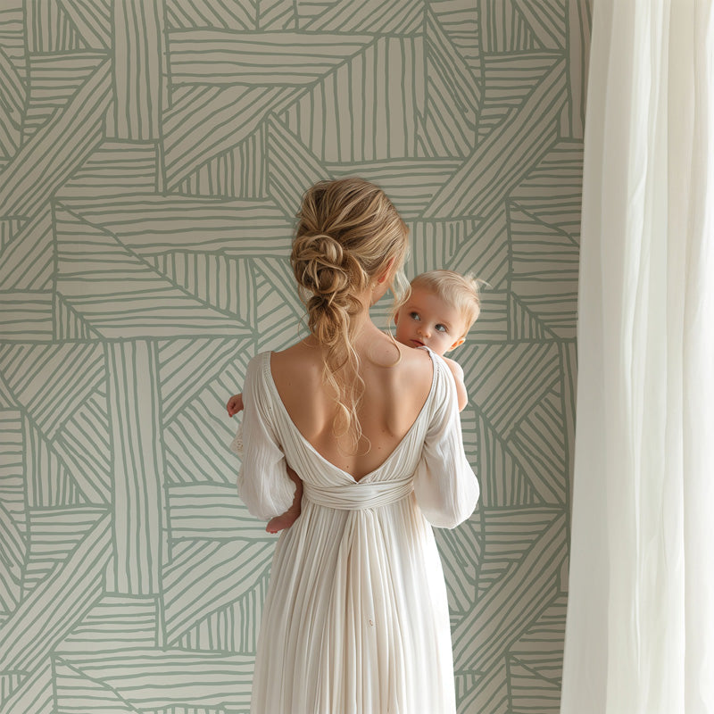 Nordic Linework – Geometric Wallpaper in Black & Sage