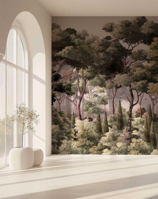 Forest wall mural with a large window in a modern interior.
