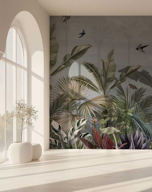 Decorative tropical wall mural with plants and birds in a room with large windows.