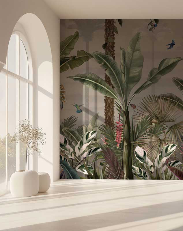 Tropical plant wallpaper with a window and decorative items in the foreground