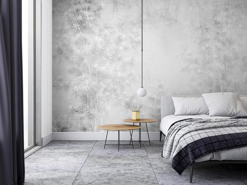 Soft Palm Mist – Botanical Mural in Light Gray