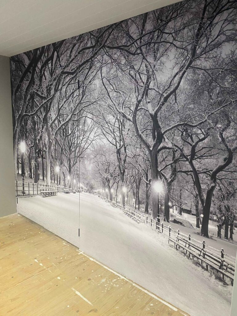 Wallpaper with a snowy park scene on a wall in a room.