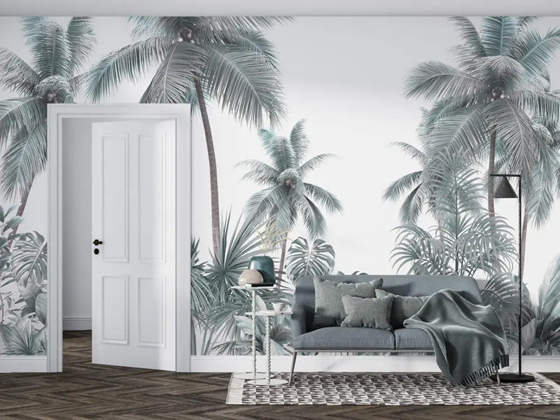 Coastal Palm Garden – Tropical Mural in Soft White