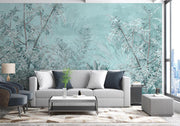 Teal Botanical Reverie – Tropical Mural in Soft Blue