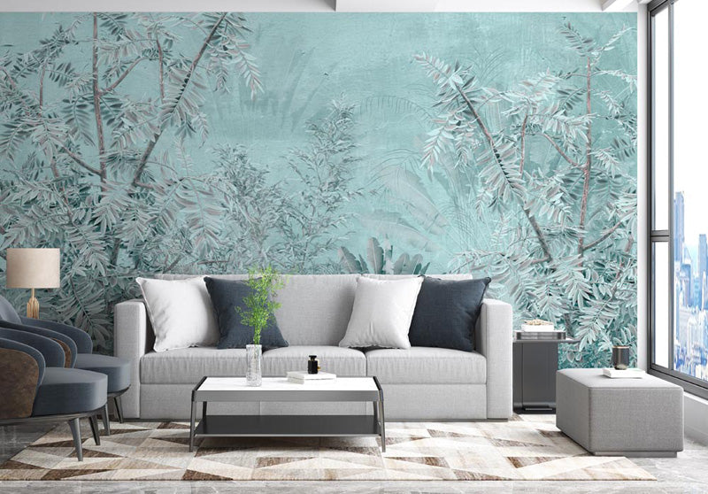 Teal Botanical Reverie – Tropical Mural in Soft Blue