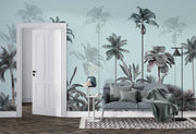 Palm Horizon Drift – Tropical Mural in Soft Blue