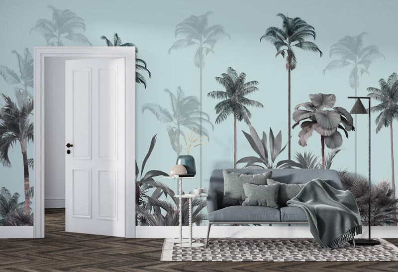 Palm Horizon Drift – Tropical Mural in Soft Blue