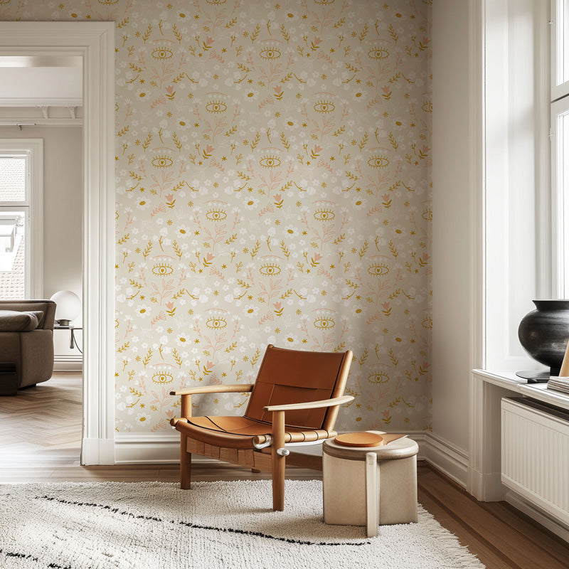 Golden Meadow – Whimsical Floral Wallpaper in Soft Neutrals