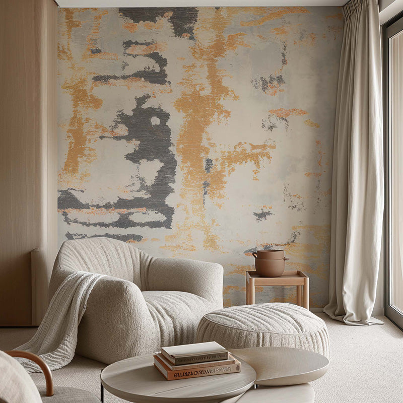 Modern living room with a textured wallpaper, armchair, and small table.