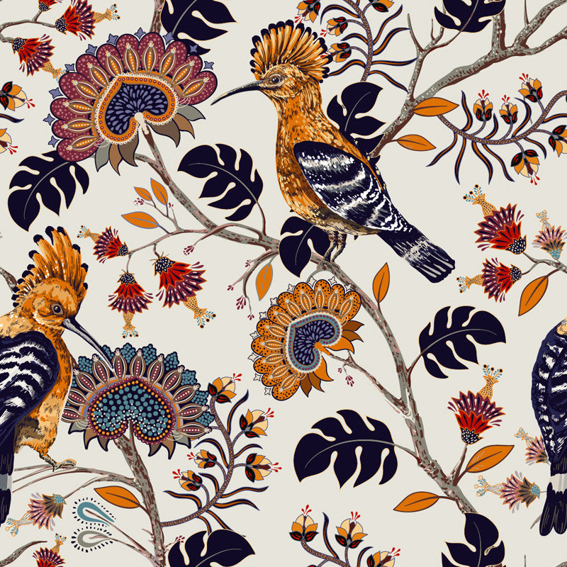 Spicebird Grove – Bird & Floral Wallpaper in Navy & Warm Tones
