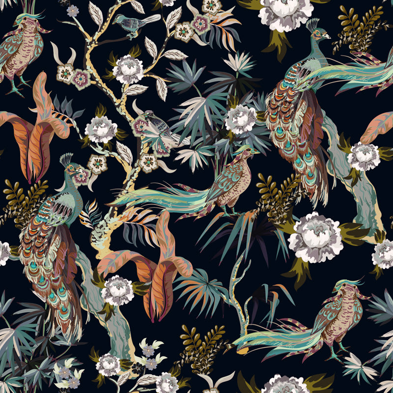 Midnight Peacock Pavilion – Wallpaper in Dark Jewel Tones