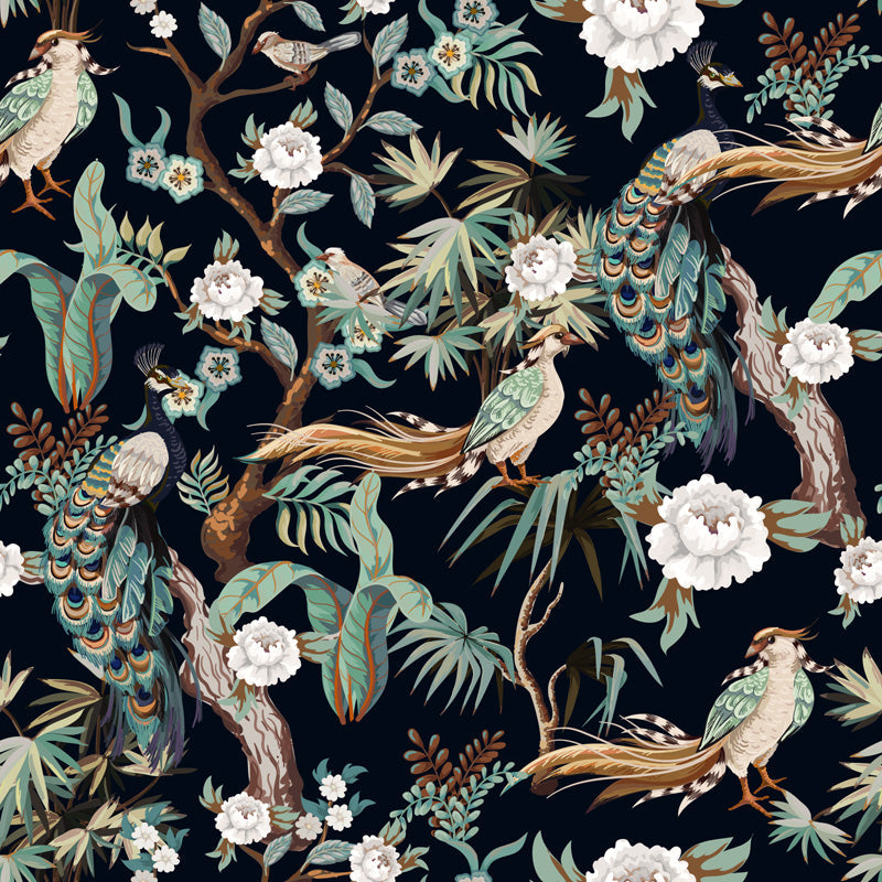 Midnight Peacock Pavilion – Wallpaper in Dark Jewel Tones