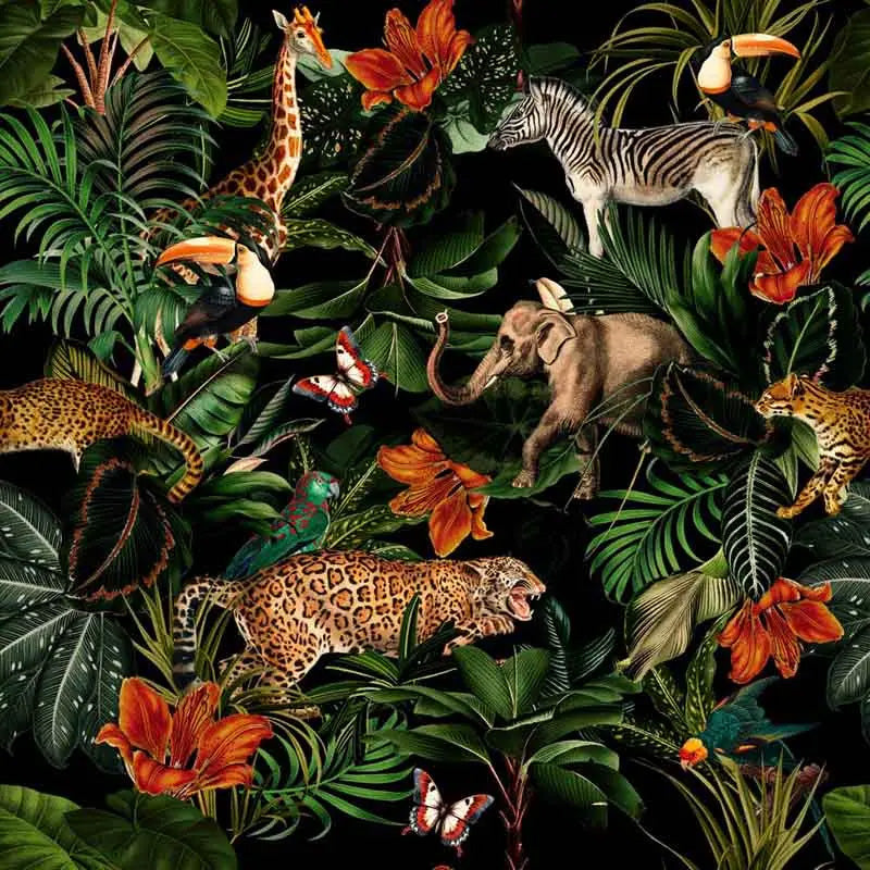 Jungle scene wallpaper design with animals and foliage on a dark background