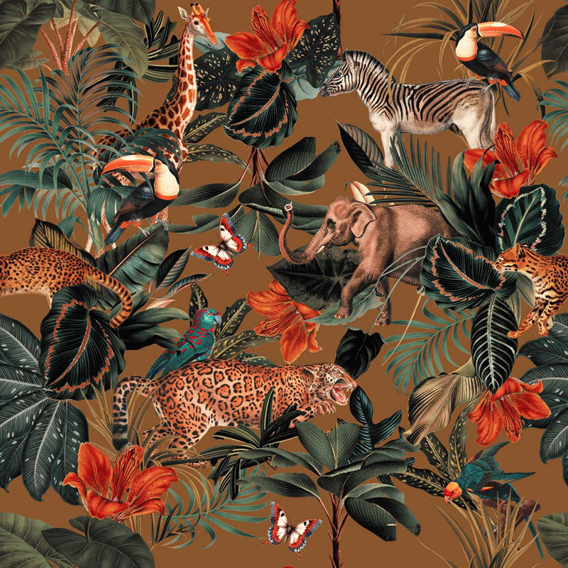 Wallpaper design of animals and plants on a brown background