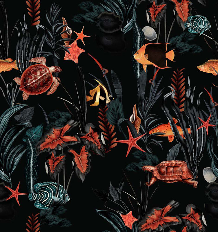 Underwater wallpaper design with fish, sea turtles, and plants on a black background