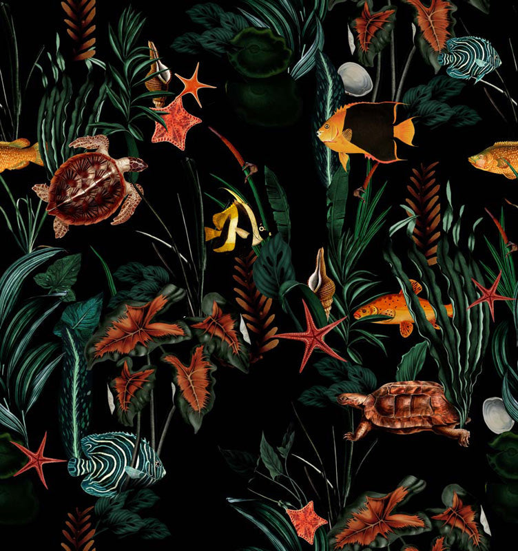 Underwater wallpaper with fish, turtles, and sea plants on a dark background
