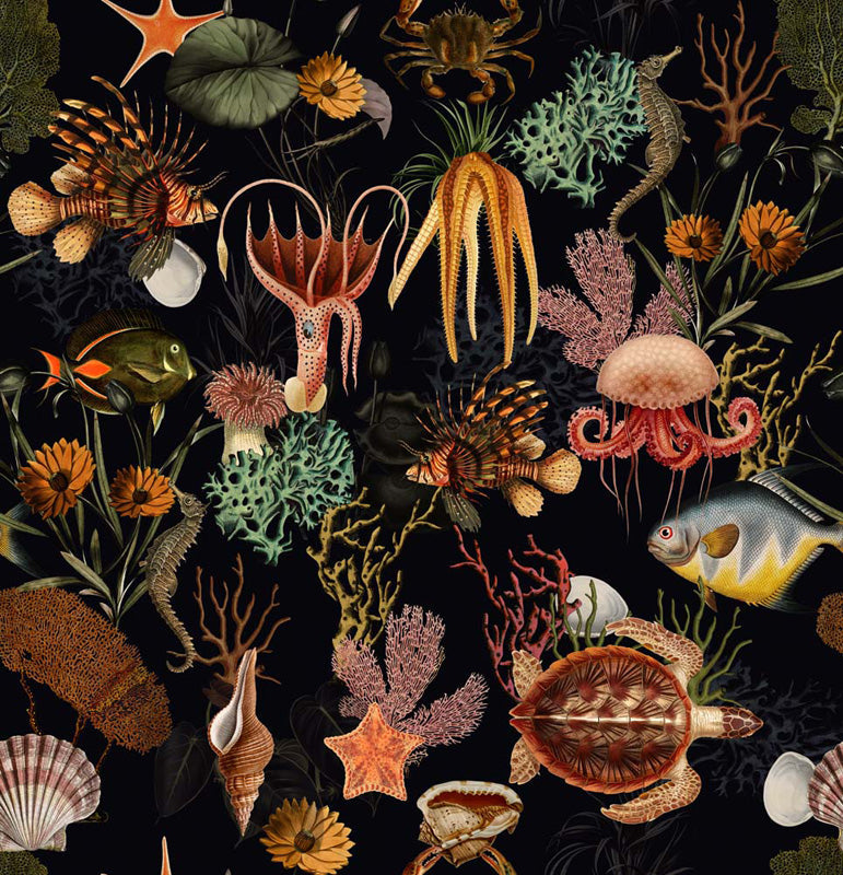 Coral Cabinet – Sea Creatures Wallpaper in Dark Tones