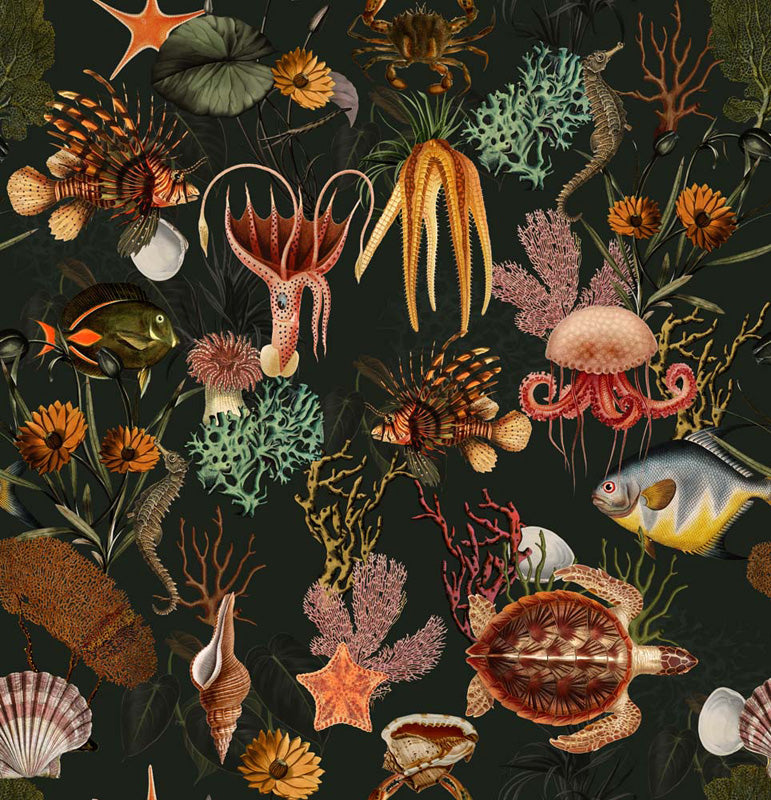Coral Cabinet – Sea Creatures Wallpaper in Dark Tones