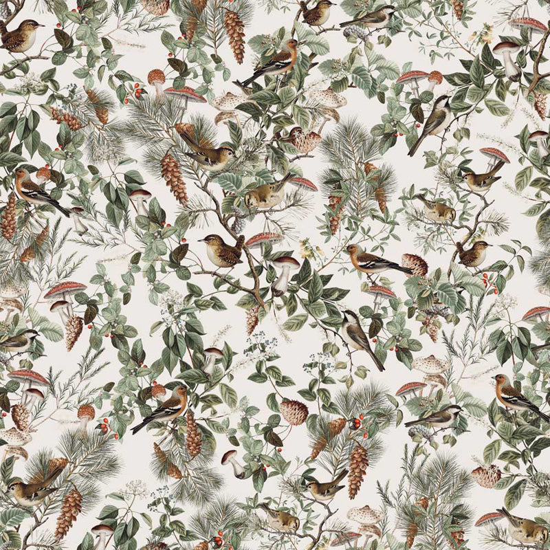 Wallpaper design of birds and nature elements on a light background