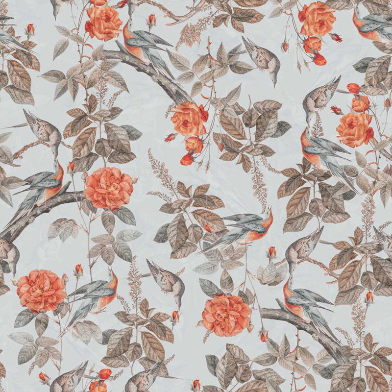 Floral and bird wallpaper design on a light blue background