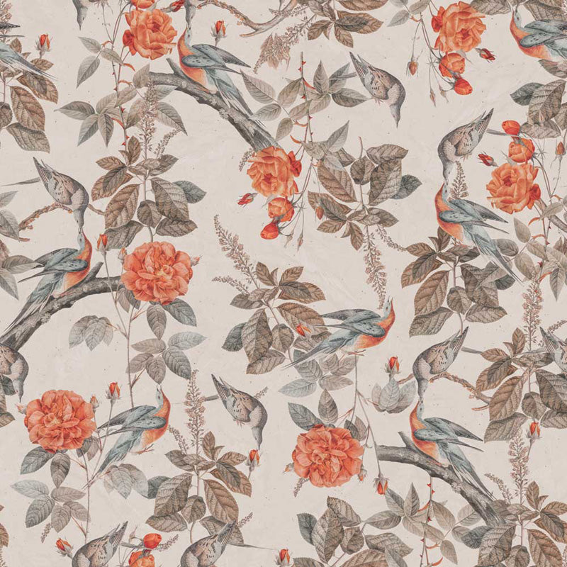 Floral and bird wallpaper design on a beige background