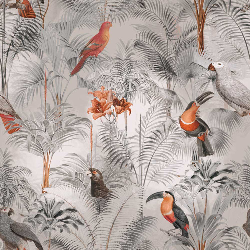 Tropical wallpaper with birds and plants on a gray background