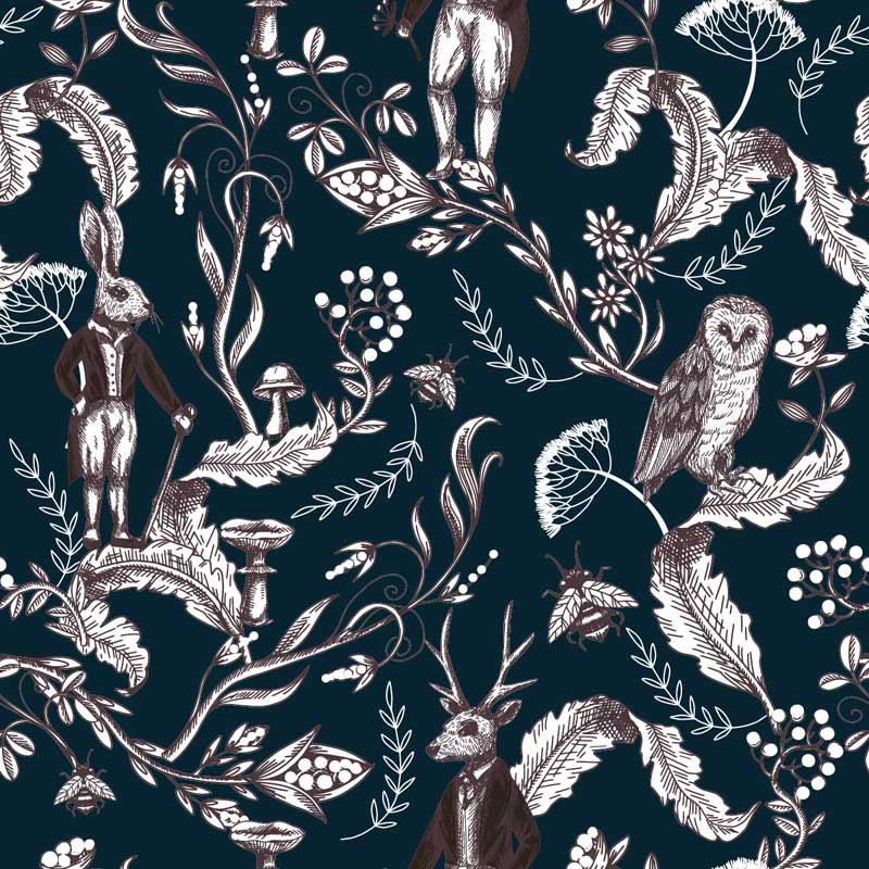 Nature wallpaper design with animals and plants on a dark blue background