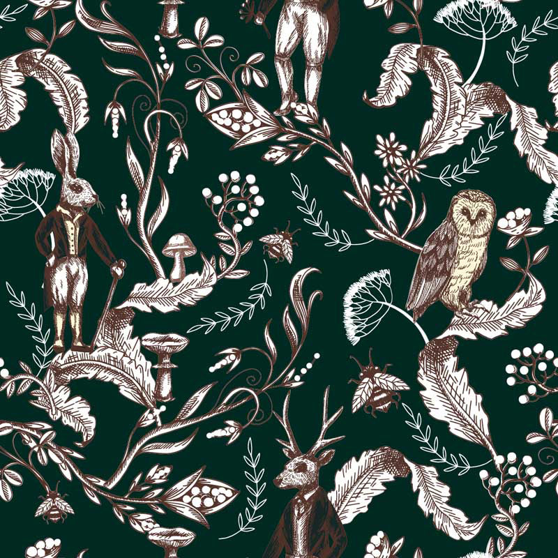 Nature wallpaper pattern with animals, plants, and insects on a dark green background