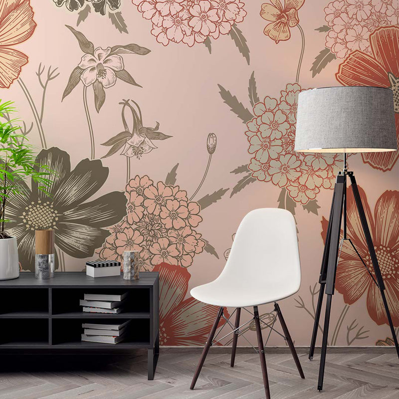 Room interior with floral wallpaper, white chair, black lamp, and black cabinet.