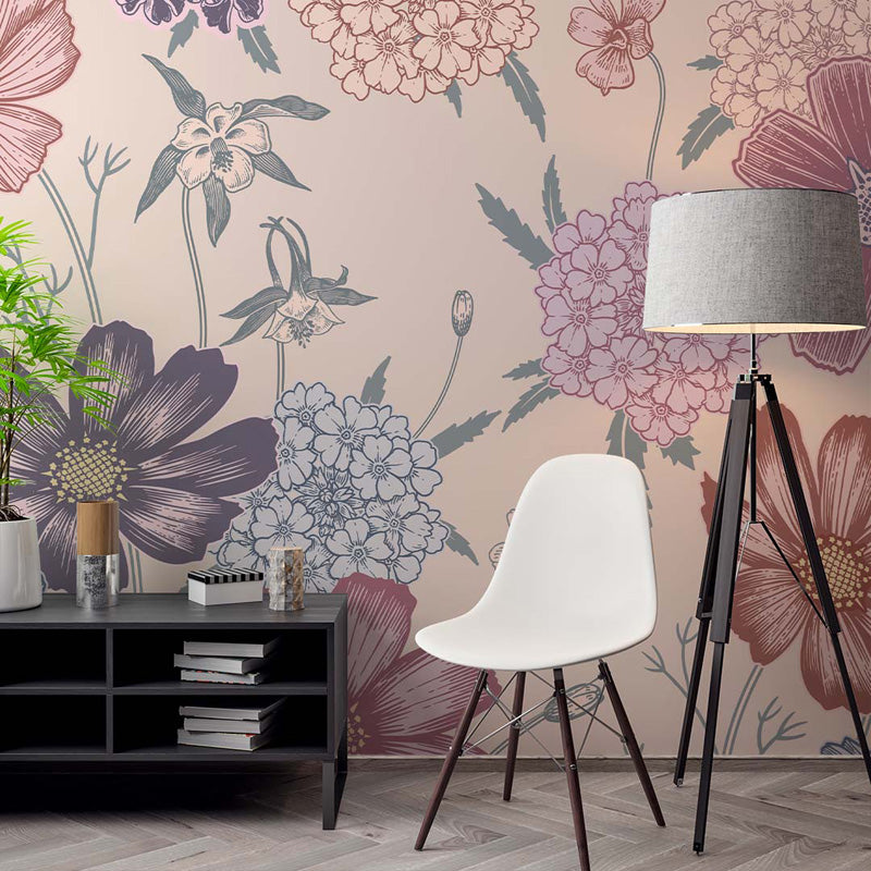Room interior with floral wallpaper, white chair, black cabinet, and lamp.