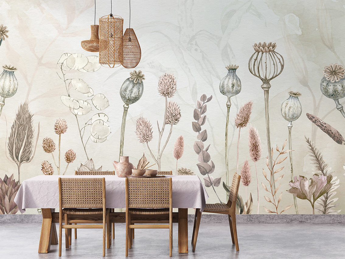 Autumn Flowers Neutral Botanical Wallpaper Mural