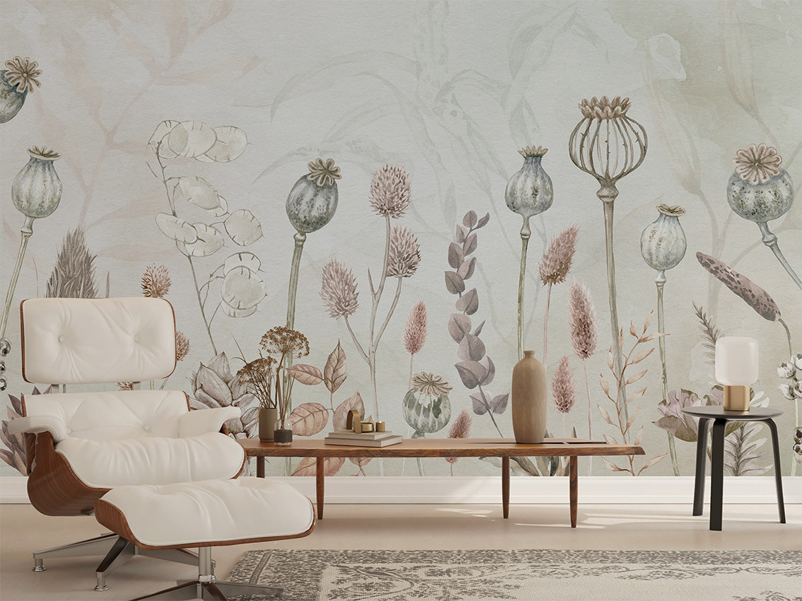 Autumn Flowers Neutral Botanical Wallpaper Mural