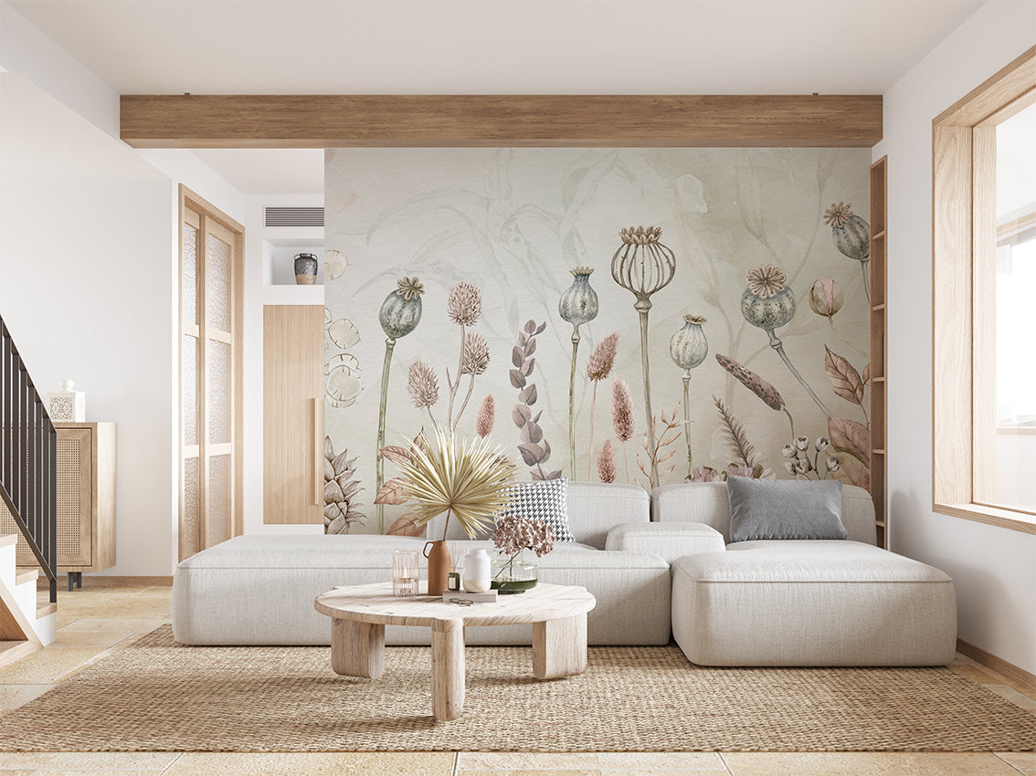 Autumn Flowers Neutral Botanical Wallpaper Mural