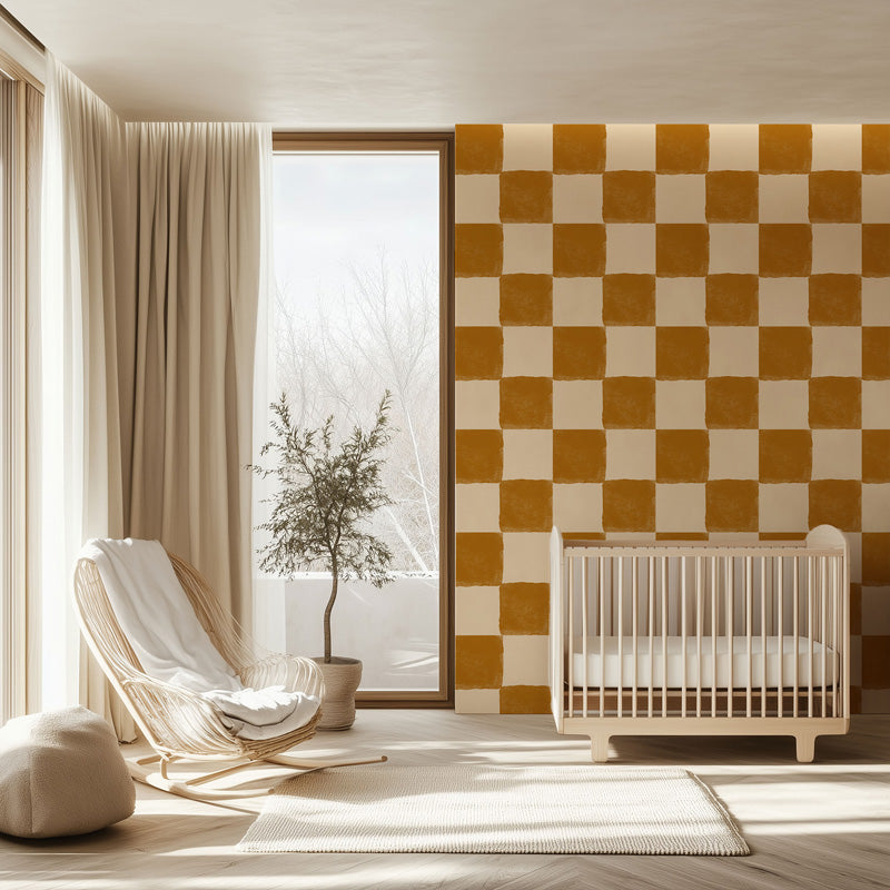 Modern nursery with checkered wallpaper, crib, and large window.