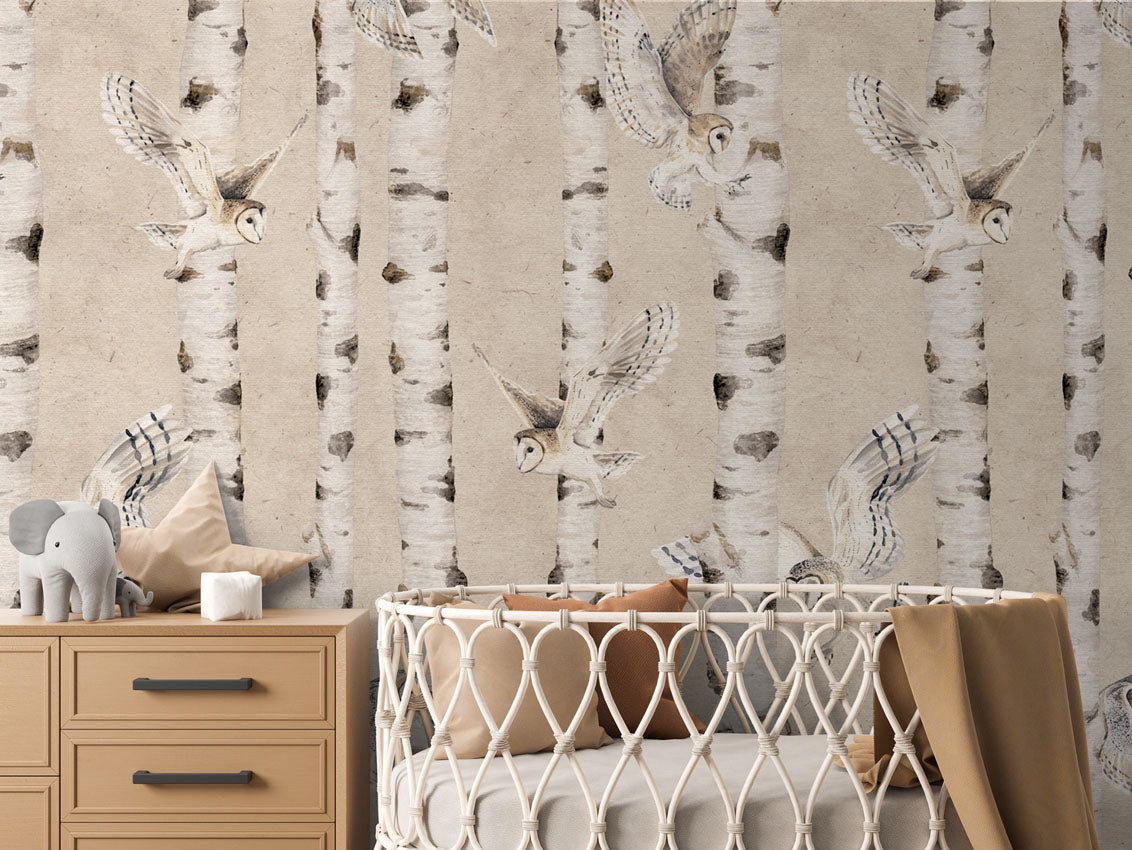 Birch and Owls Wallpaper