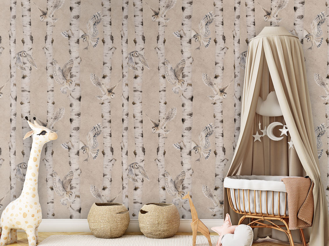 Birch and Owls Wallpaper