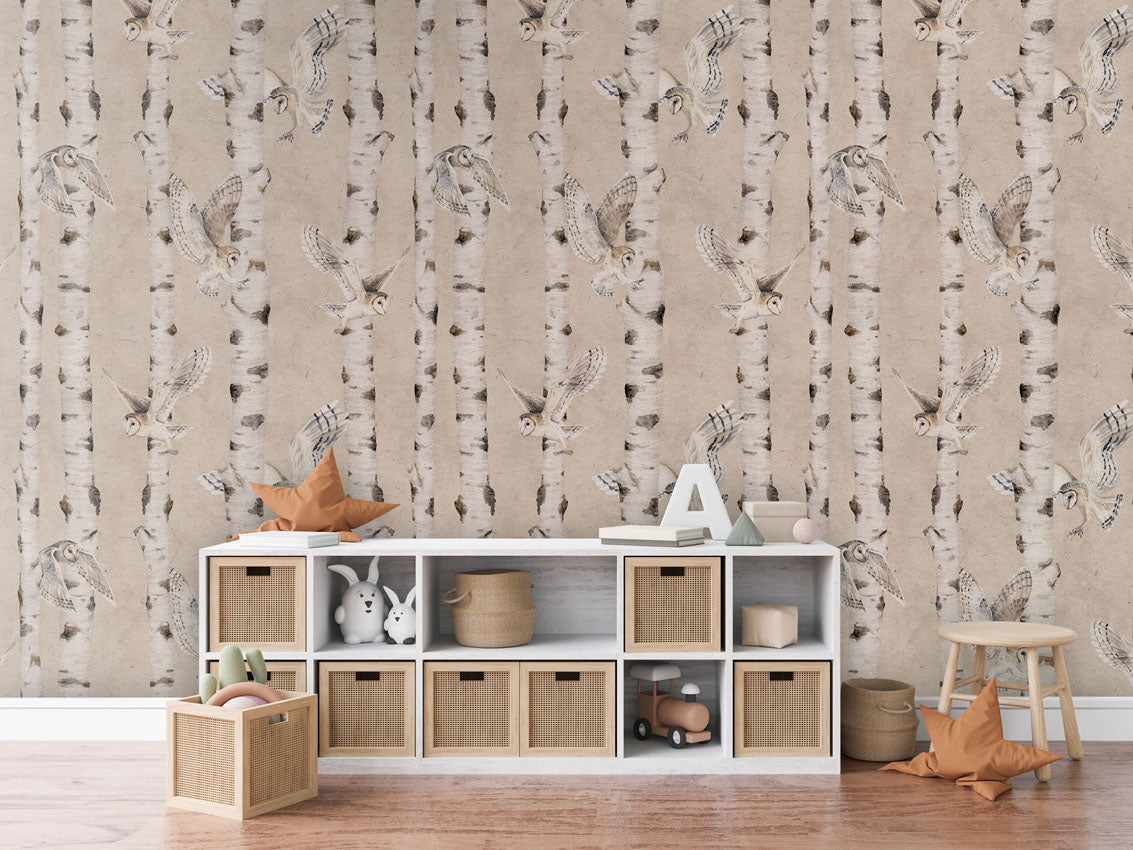 Birch and Owls Wallpaper