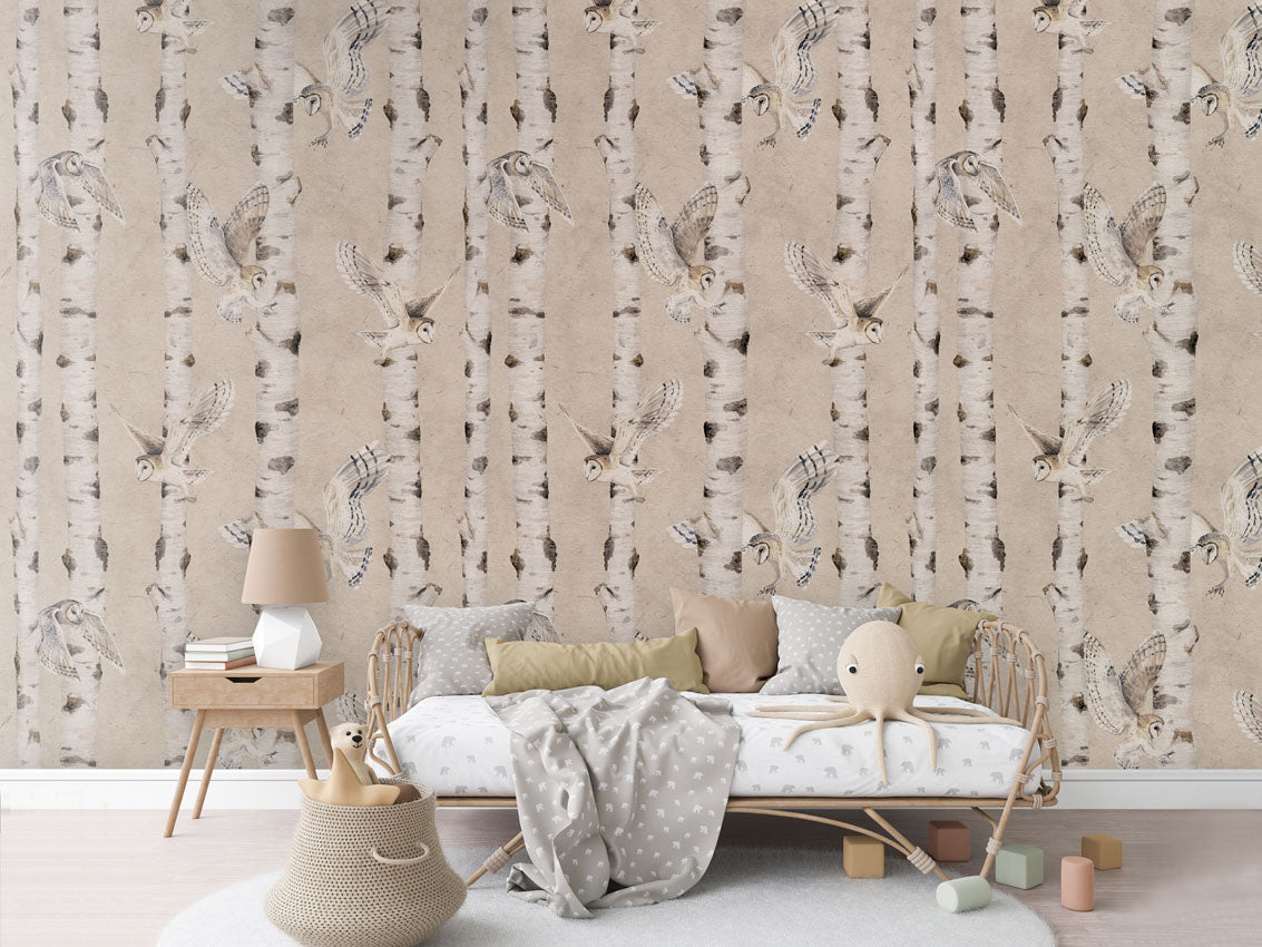 Birch and Owls Wallpaper