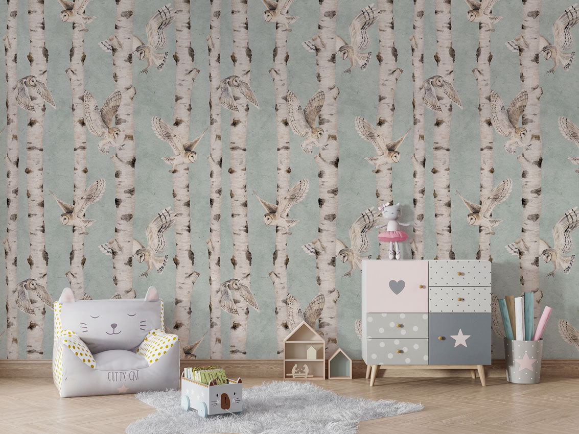 Birch and Owls Wallpaper