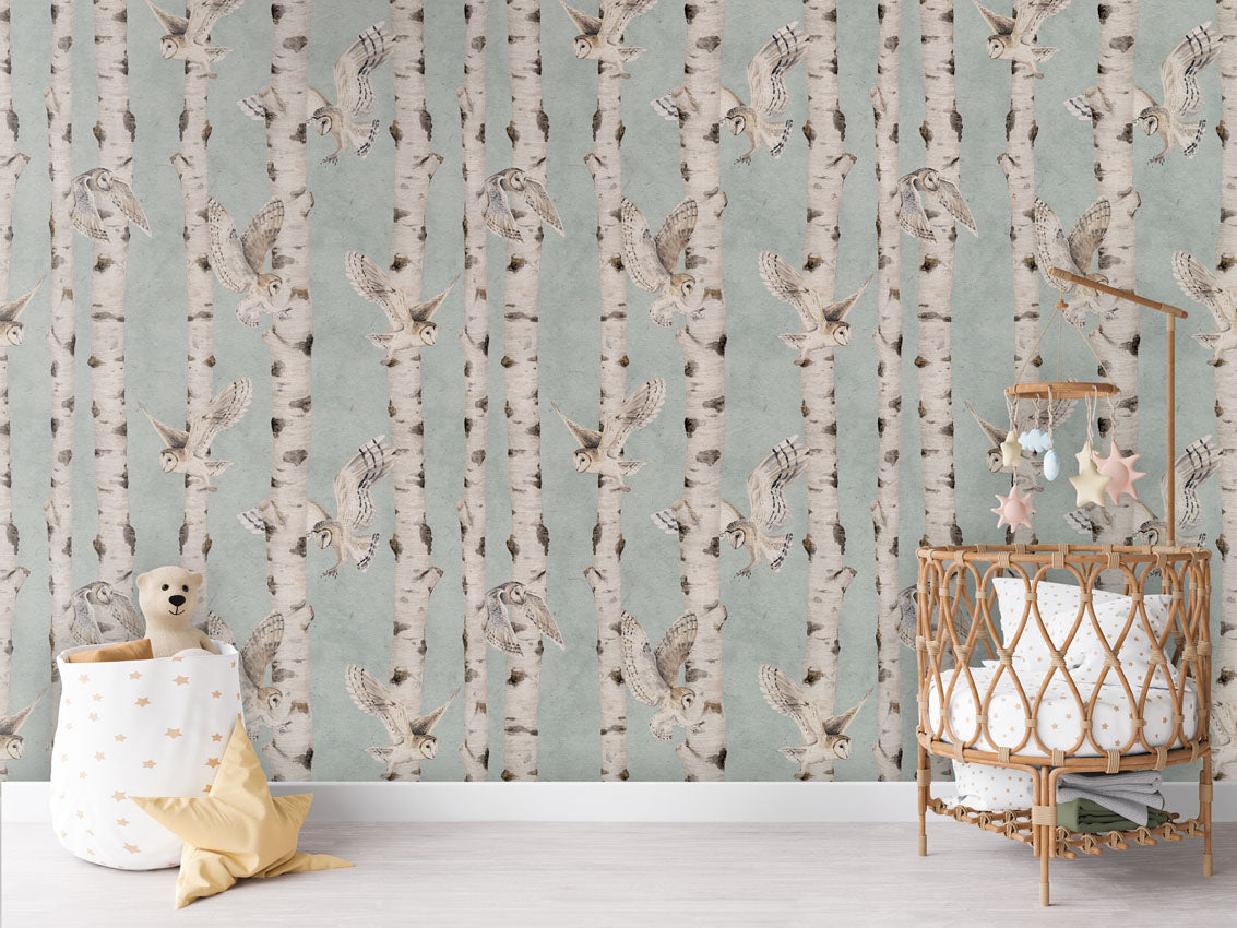 Birch and Owls Wallpaper