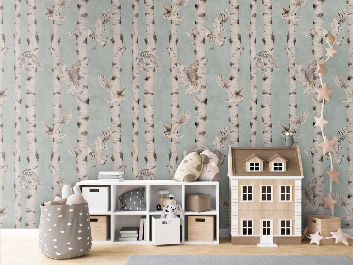 Birch and Owls Wallpaper