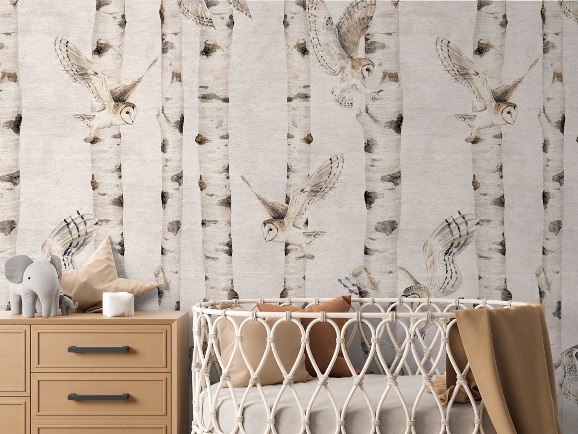 Birch and Owls Wallpaper
