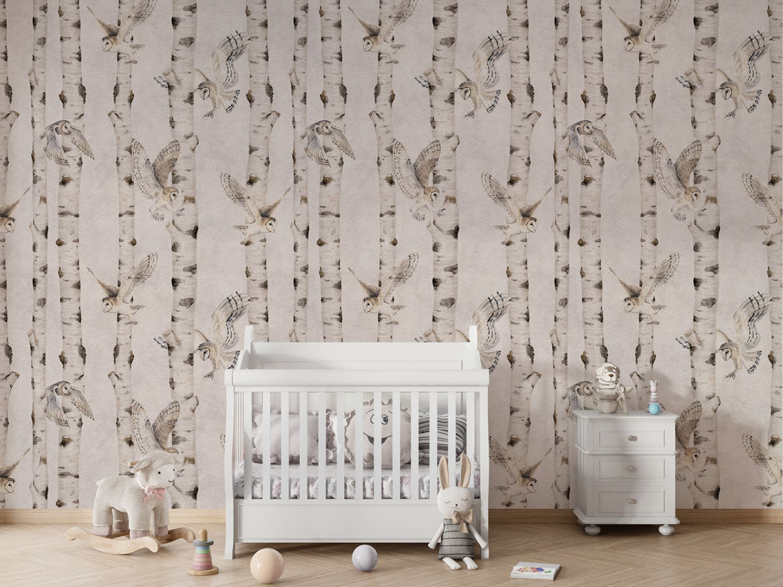 Birch and Owls Wallpaper