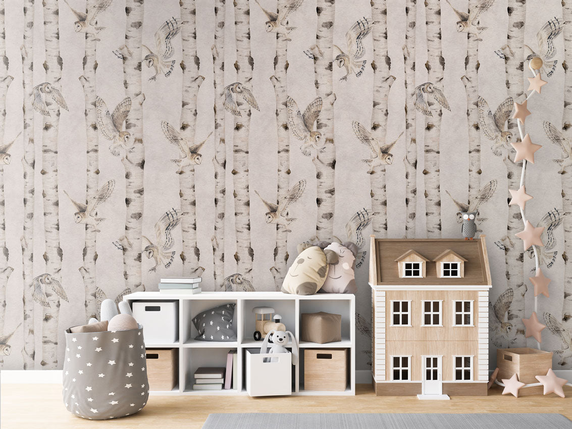 Birch and Owls Wallpaper