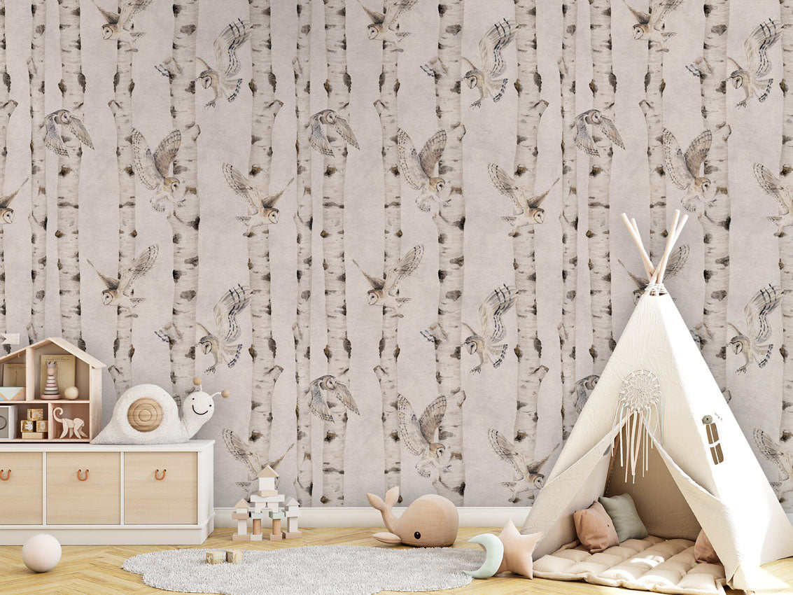 Birch and Owls Wallpaper