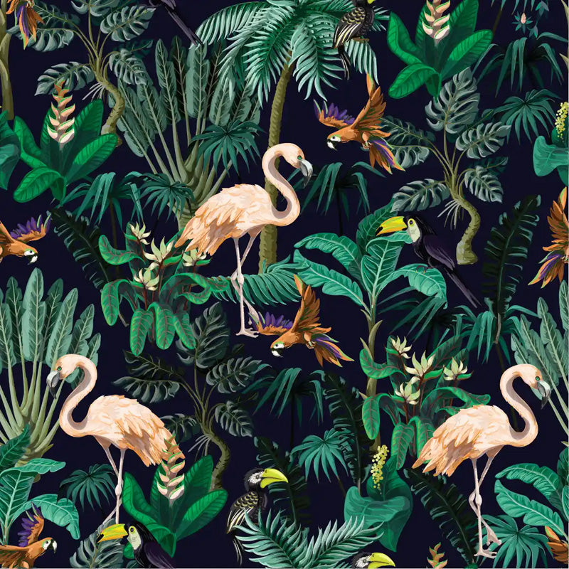 Tropical wallpaper pattern with flamingos, parrots, and foliage on a dark background