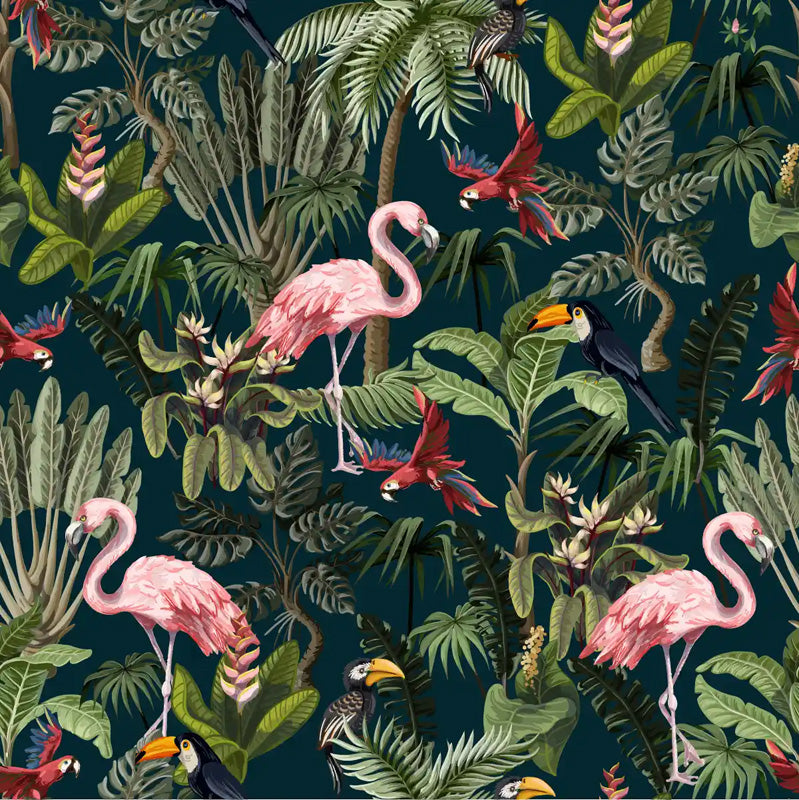 Tropical wallpaper pattern with flamingos, parrots, and foliage on a dark blue background